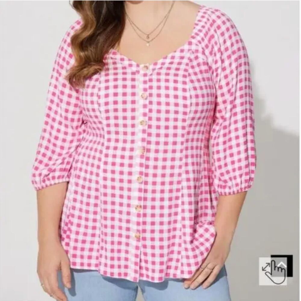 Torrid Fit and Flare Rayon Slub Button Up 3/4 Sleeves Pink Gingham Plus Size 6X